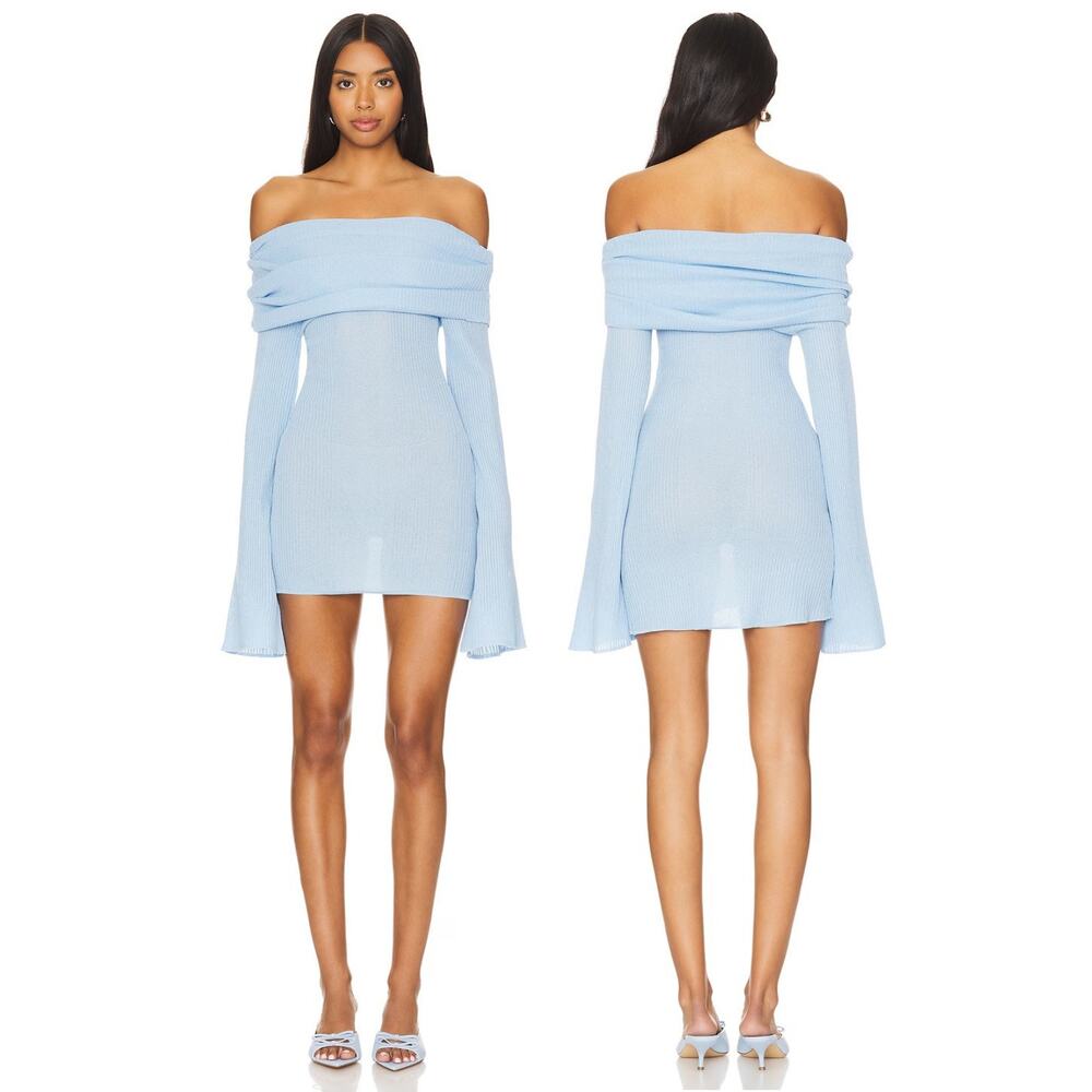 SEROYA Galli Mini Dress Ribbed Off The Shoulder Sexy Elegant Minimalist Blue M